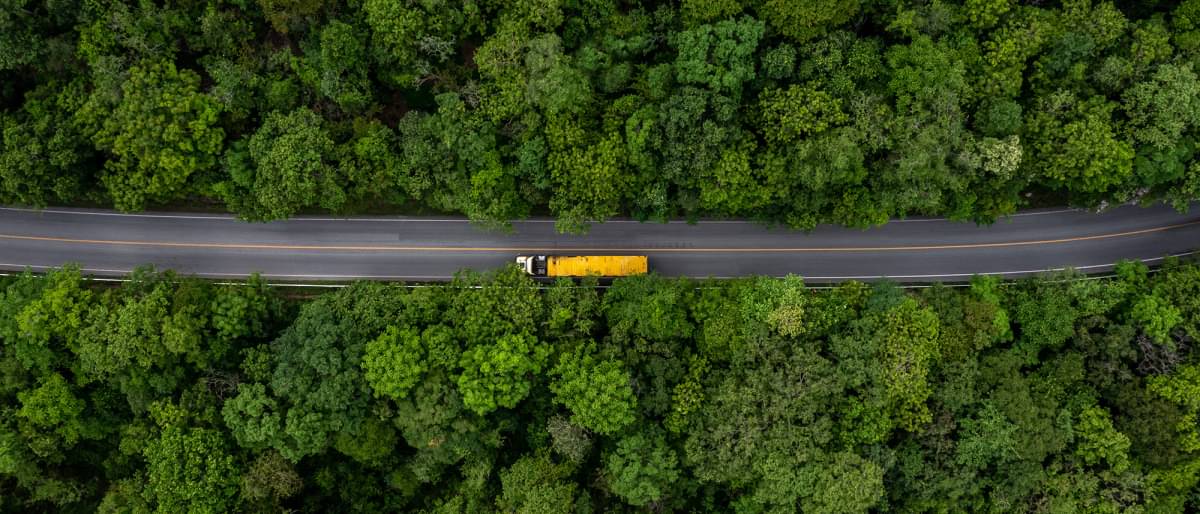 Luftaufnahme eines großen gelben Cargo-LKW auf einer Asphaltstraße der durch einen grünen Wald fährt
