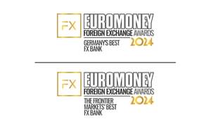 Die Abbildung zeigt zwei Euromoney Foreign Exchange Awards 2024 - Germany´s Best FX Bank und The Frontier Markets´ Best FX Bank