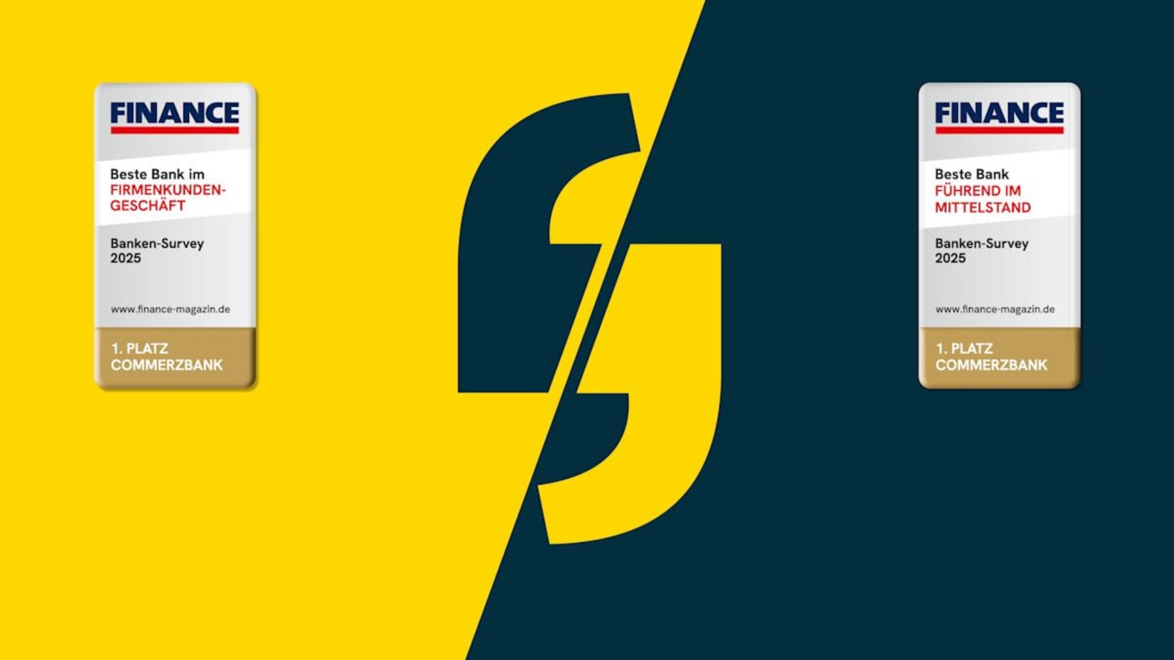 Split screen in yellow and petrol. Quotes can be seen in the middle.