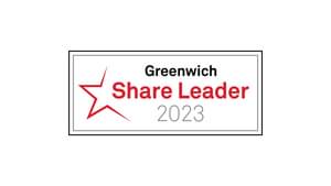 Die Abbildung zeigt den Greenwich Share Leader 2023 Award