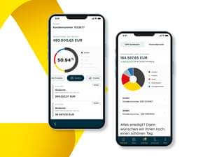 Die Abbildung zeigt die zwei Anwendungsseiten der Corporate Banking App auf einem Mobiltelefon