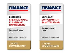 Die Abbildung zeigt den FINANCE Banken Survey 2023 Award