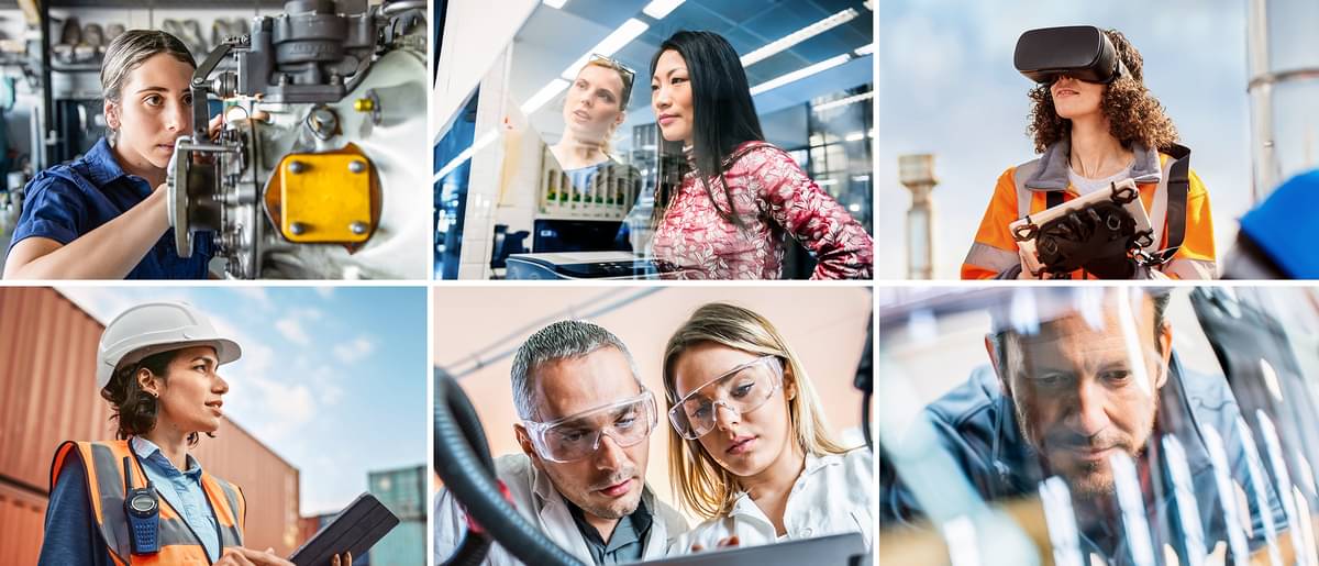 Collage of several pictures on the topic of foreign trade, digitalization