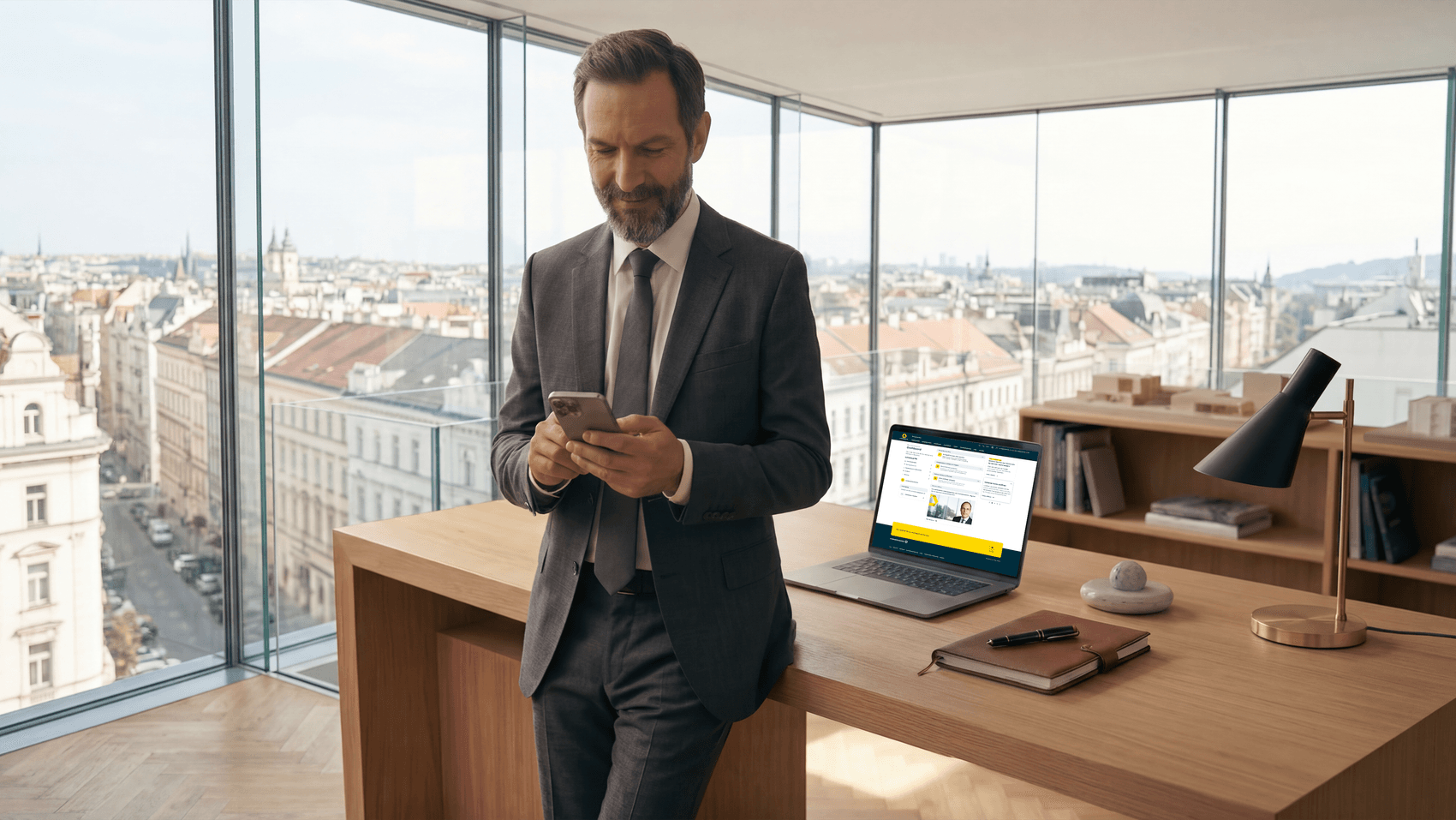 The picture shows a middle-aged businessman in a brown suit leaning against a desk and looking at his mobile phone with interest.